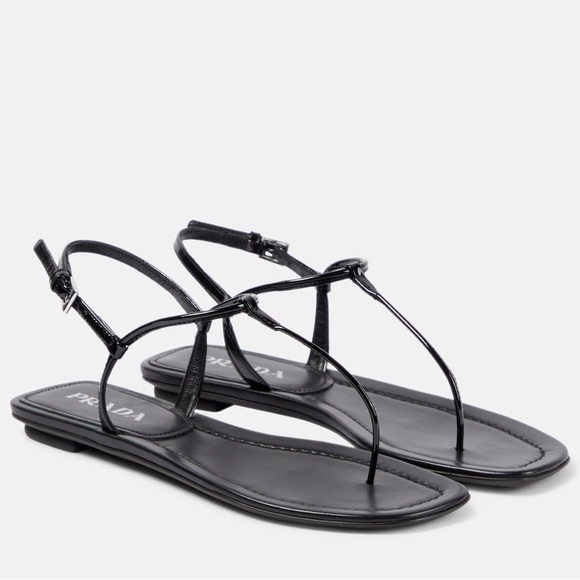 Prada Black Patent Leather open square toe flat thong sandals EU 37 - Picture 1 of 11
